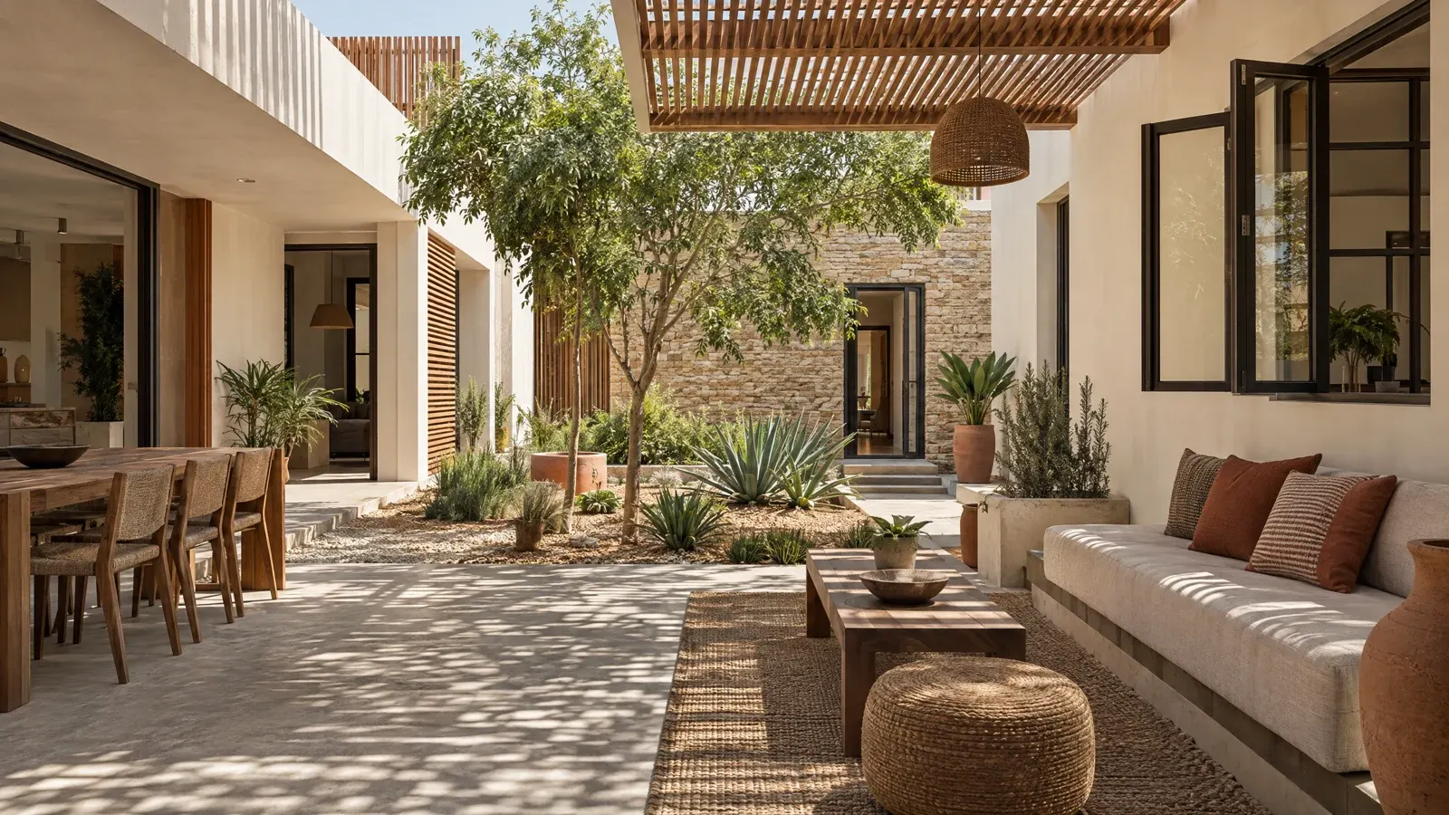Patio d’ambiance avec pergola, ombrage, végétation et fenêtres ouvrantes