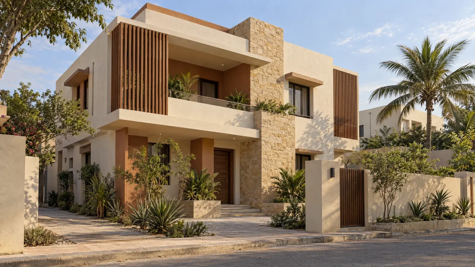 Illustration d’ambiance d’une villa contemporaine avec balcon ombragé, brise-soleil et végétation